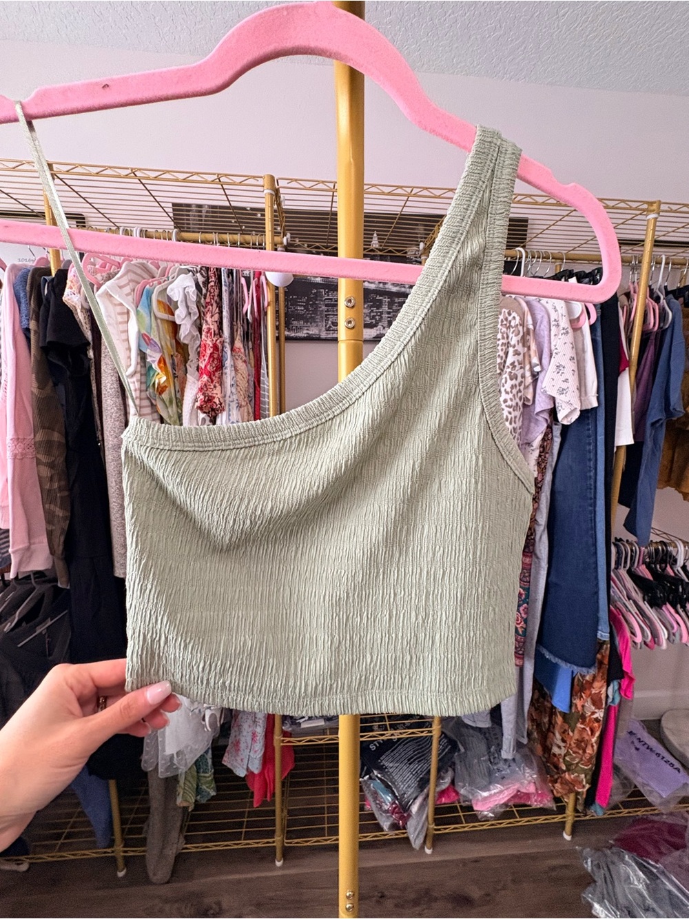 American Eagle Outfitters One-Shoulder Ribbed Crop Top - Sage